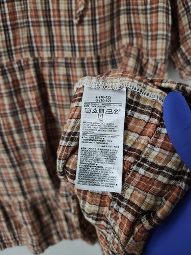 Old Navy Dress Girls L Brown Puff Sleeve Tier Flare Plaid Tie Gauze Woven Boho - Picture 15 of 16