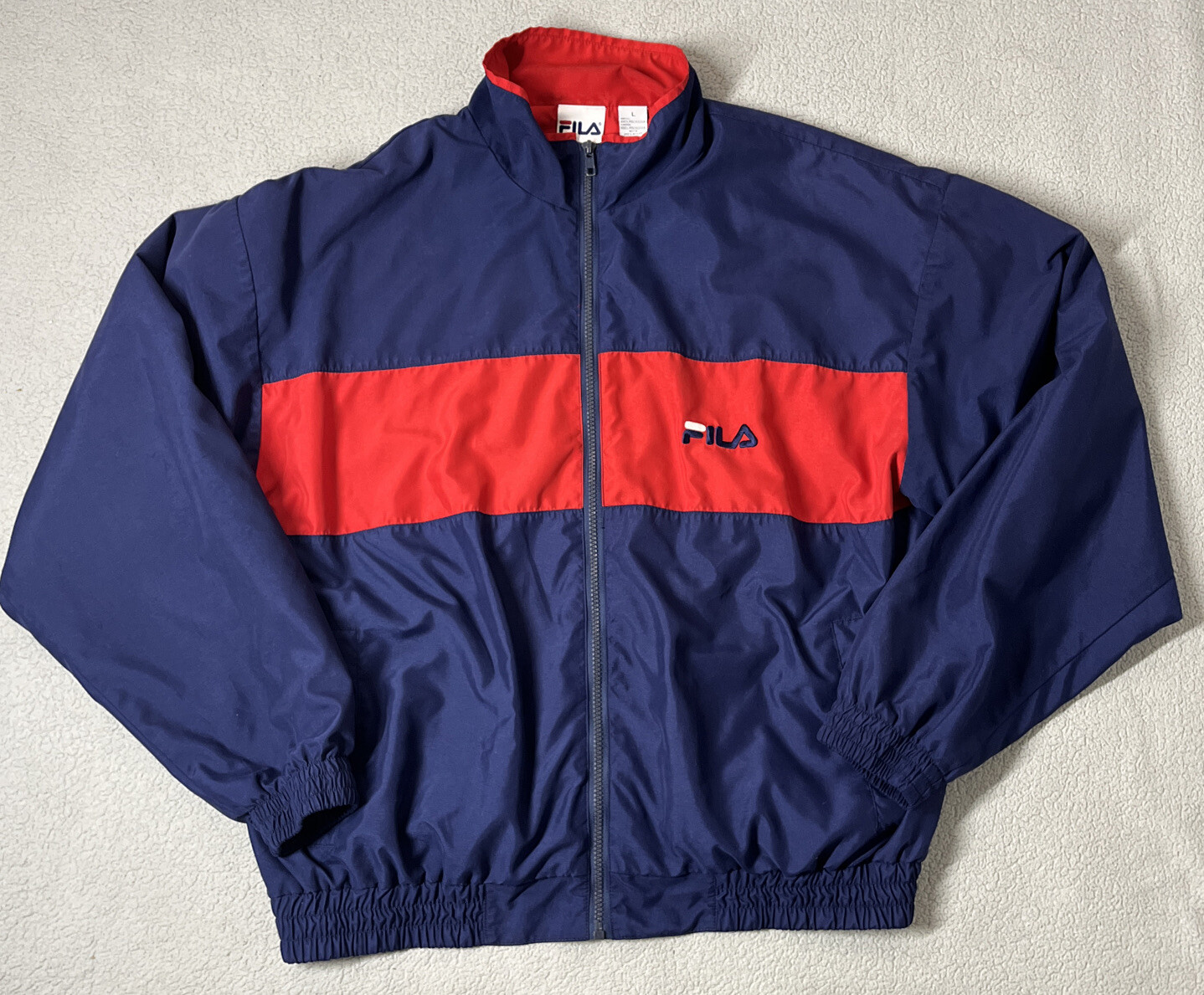 Giacca Vintage Fila Uomo Grande Rosso Blu Finto Collo Pieno Cerniera Logo