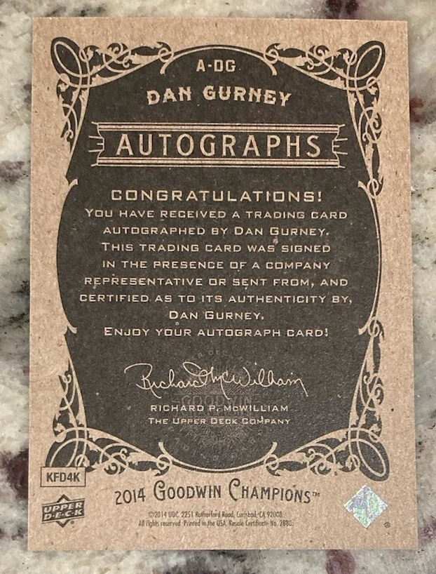 DAN GURNEY 2014 UD Goodwin Champions Autograph Auto NASCAR INDY FORMULA 1 Legend - Image 2 of 2