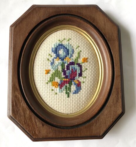 Vintage Completed Cross Stitch Floral Sampler Embroidery Oval Octagon Framed