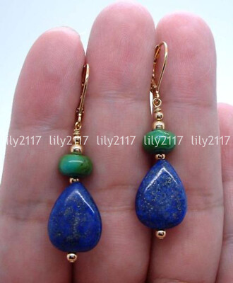 Natural Blue Lapis Lazuli Green Azurite Gemstone Gold Leverback Dangle Earrings