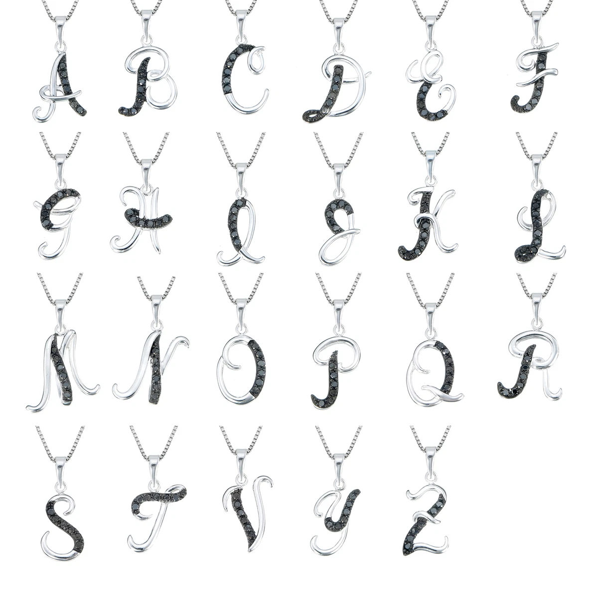 1 8 ct Black Diamond Pendant Necklace Alphabet Women .925 Sterling