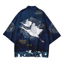 Men Loose 3/4 Sleeve Kimono Crane Print Tops Blouse Shirt Oriental Style