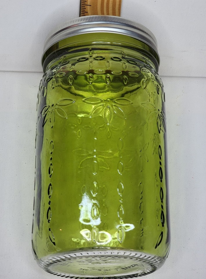 Syndicate Home & Garden Green Glass Quart Canning Jar Embossed Flowers