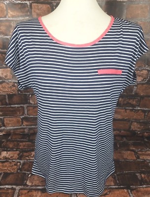 Robin-K Women's Top Blouse Large Navy Blue White Striped Keyhole Back Nautical