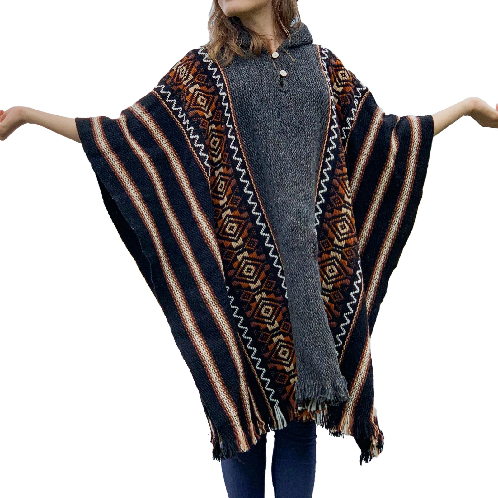 Llama Wool Mens Unisex South American Hooded Poncho Cape Coat Jacket striped