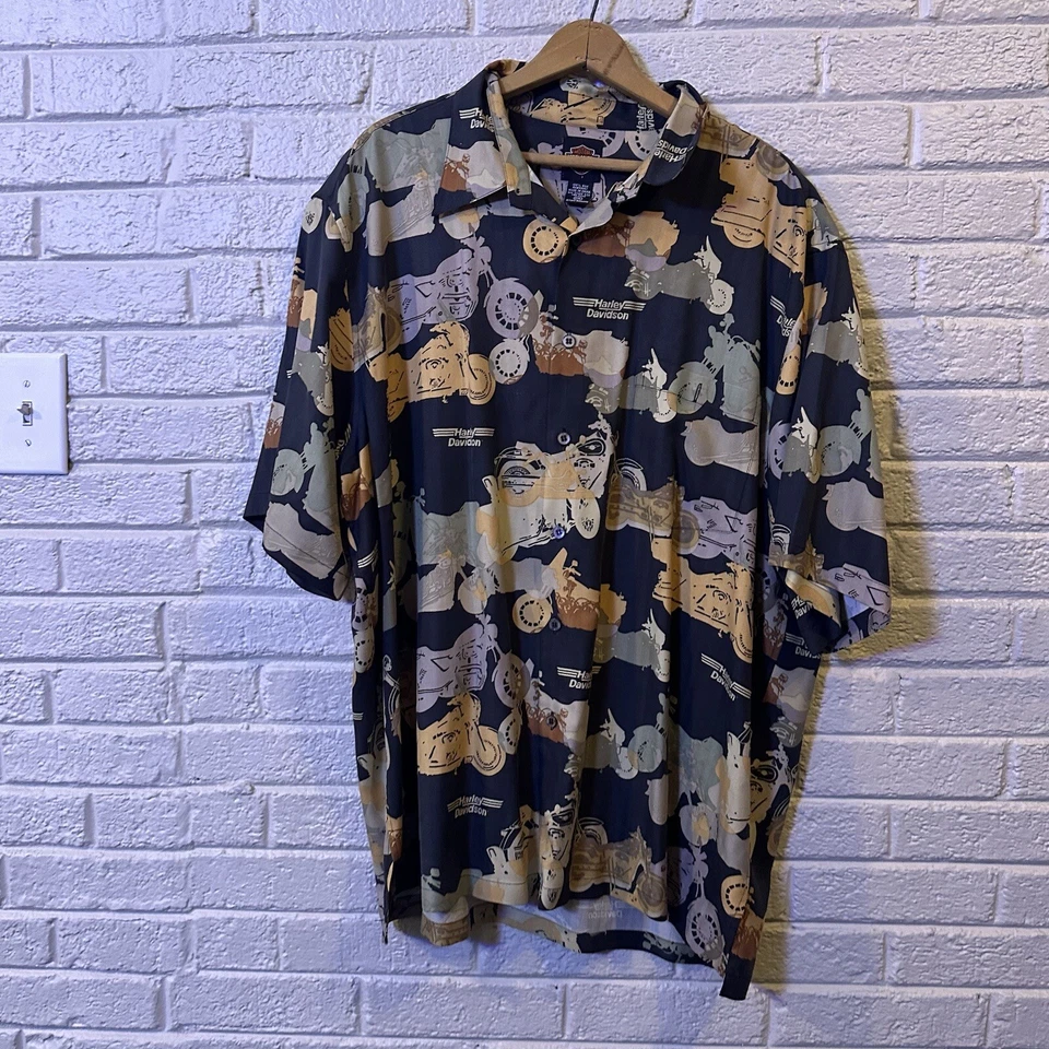 Camisa Harley Davidson Hombre XXL Plumón Negra Estampado Seda Motocicleta Foto 2 de 2