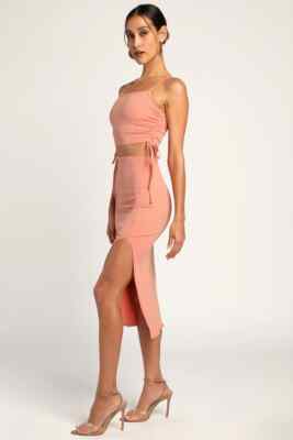 Lulus Lead By Example Coral Pink Ruched Bodycon Two Piece Midi Dress Small  NWT | eBay
