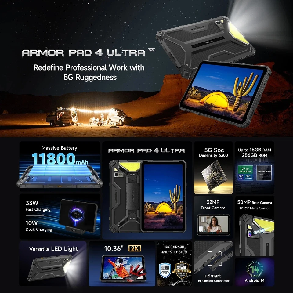Ulefone Armor Pad 4 Ultra 5G  Robust Tablet PC 16G+256GB 11800mAh Android 14 NFC - Bild 2 von 4