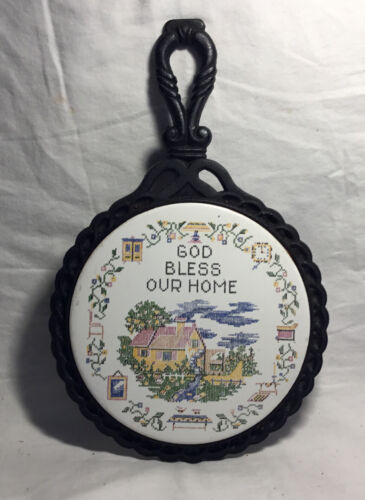 Vintage God Bless Our Home Cross-stitch Ceramic Tile And Cast Iron Trivet, 1960 - Picture 1 of 8