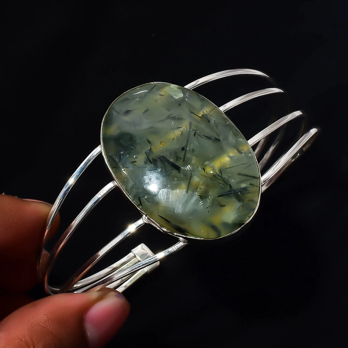 Moss Prehnite Gemstone 925 Sterling Silver Handmade Bangle Jewelry Gift For