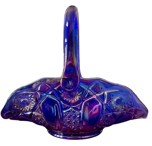 VTG  Cobalt Blue Iridescent Carnival Glass Wedding Basket Fenton LE Smith