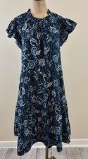 ULLA JOHNSON KASIM Sz 6 Midnight Blue Floral Pocket Flutter Sleeve Cotton Dress