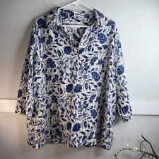 Rachel Zoe 1X Blue Floral 100% Linen 3/4 Sleeve Popover Collared Boho Tunic Top