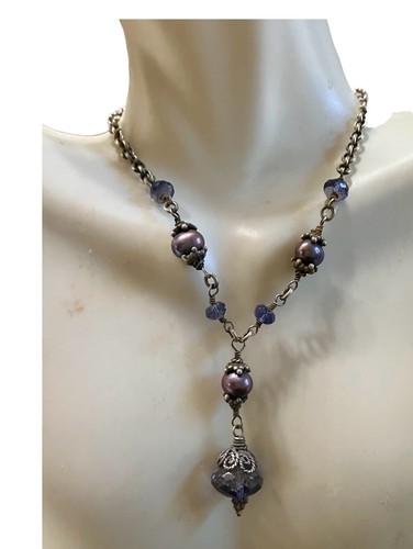 Vtg 90s LORI LORI Necklace Sterling Silver Gray Pearls Crystal Heart Clasp