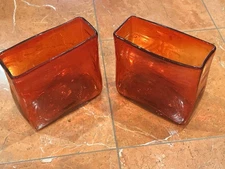 BLENKO ART GLASS RED TEXTURED HANDBLOWN SQUARE VASES MATCHING PAIR LOT 2 EUC