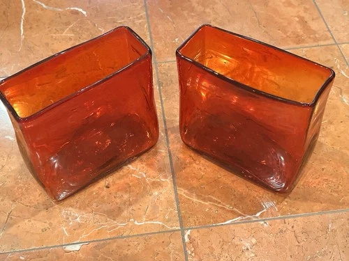 BLENKO ART GLASS RED TEXTURED HANDBLOWN SQUARE VASES MATCHING PAIR LOT 2 EUC