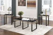 Black Coffee Table & End Tables Set | Modern Glass Metal Living Room