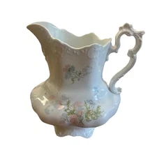 Antique Porcelain Pitcher 8” w/ Pink, Blue Flowers, Gold Trim On Handle
