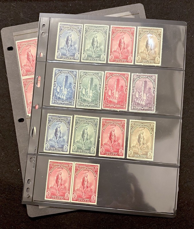 2 PAGES 1936 INTL. PHILATELIC EXHIBITION STAMPS 4 COLORS 6 BLKS/4, 14 SINGLES