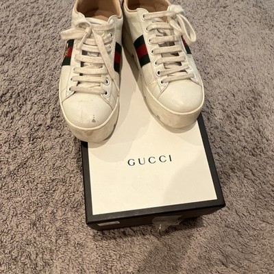 Gucci Ace White Low Top Lace-Up Sneakers Green Red Web Stripe Logo
