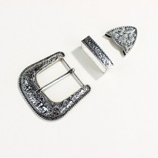 Western 3-Piece Belt Buckle Set Floral Engraved Silver Metal Cowboy Rodeo Style