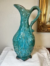 Ceramic Vase/Pitcher With Sloped Spout Opening And Handle Turquoise Glazed
