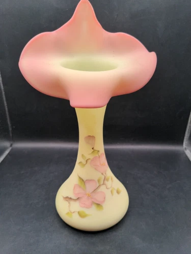 VINTAGE 10" FENTON VASE YELLOW BURMESE DOGWOOD JACK IN PULPIT SIGNED BY ARTIST