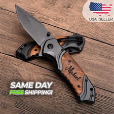 Pocket Hunting Knife Tactical Folding Personalized Gift for Men Wood Handle Pocket Hunting Knife Tactical Folding Personalized Gift for Men Wood Handle - Image 1