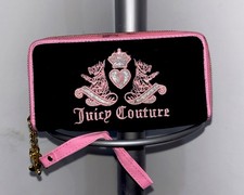 Y2K Juicy Couture Wallet Black Velour Zip Around Pink Crest Logo Vintage 2000s