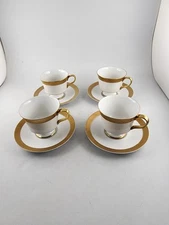 Sango China Georgetown Tea Cup Saucer Metallic Gold & White Set of 4 Vintage