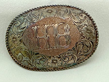 Crumrine Solid Sterling Silver Belt Buckle Western "HB" Floral 73g  B1A01