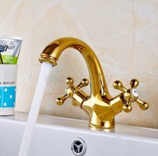 Luxury Gold Brass Cross Handle Deck Mount Bathroom Sink Faucet Vanity Mixer Tap