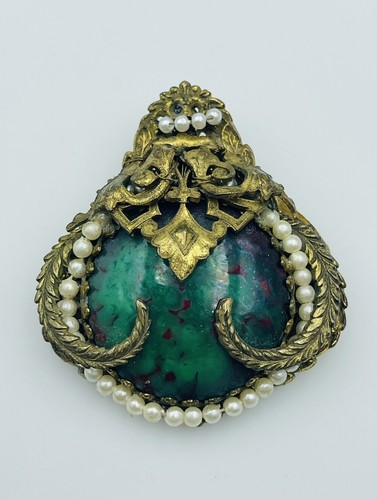 Vintage Broche Rond Verre Jaune Métal en Laiton 16,2 G / 3,4 CM