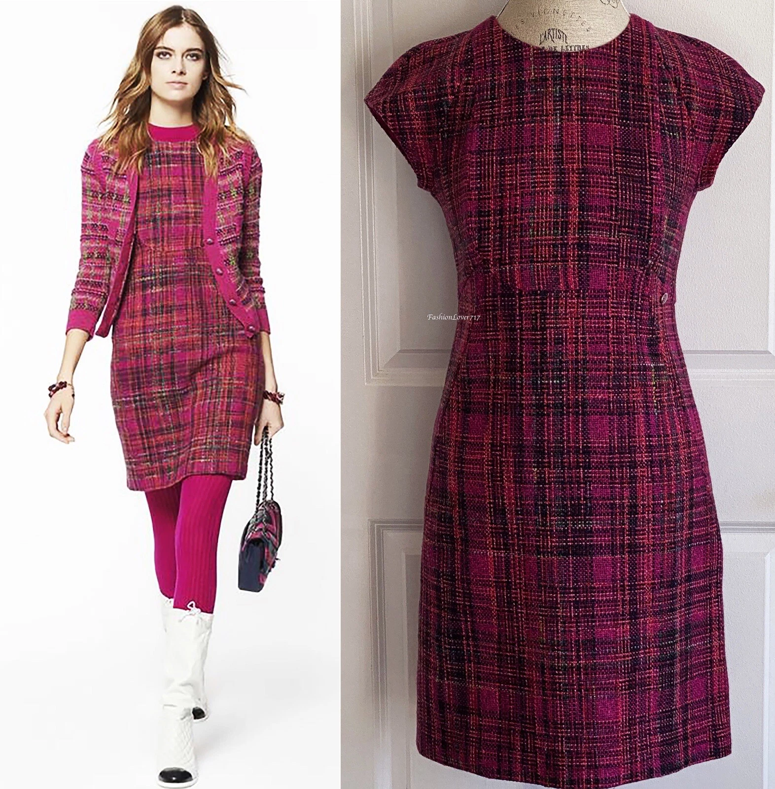 MINI ABITO CHANEL 18B TWEED ROSA LAMPONE LOGO CC 38 NUOVO CON ETICHETTE