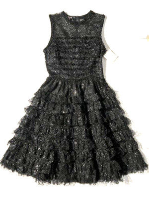 NWT ROCHAS Womens Black Ruffled Glitter Lace Party Cocktail Dress sz 2/4  Italy