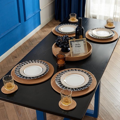 Gewebte Baumwollseil runde Tischsets Set 9-teilig Boho 13 Zoll Tischsets & 4,3 Zoll Untersetzer - Bild 5 von 48