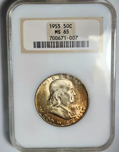 Orange  Toned 1955 Franklin Half Dollar NGC MS-65 OLD THICK SLAB = Bell Lines