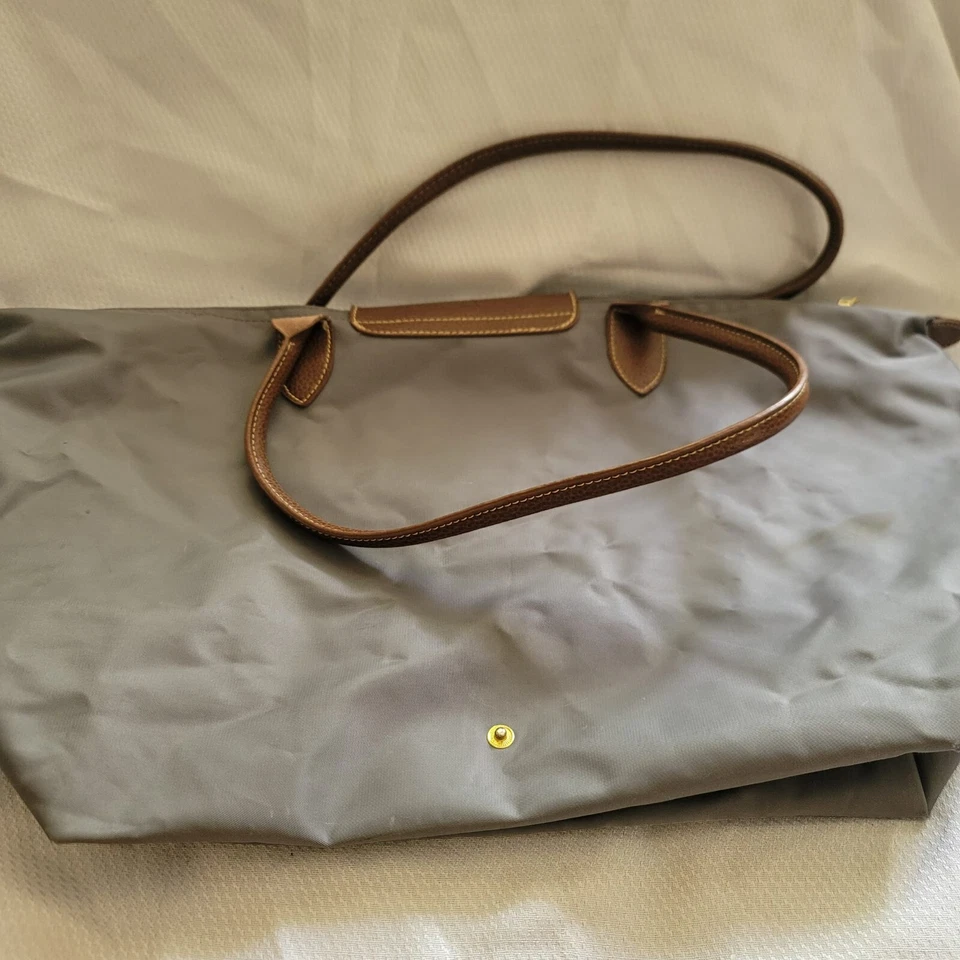 LONGCHAMP Le Pliage Medium Small Shoulder Tote GRAY BROWN Nylon AUTHENTIC FLAWS - Image 2 of 4