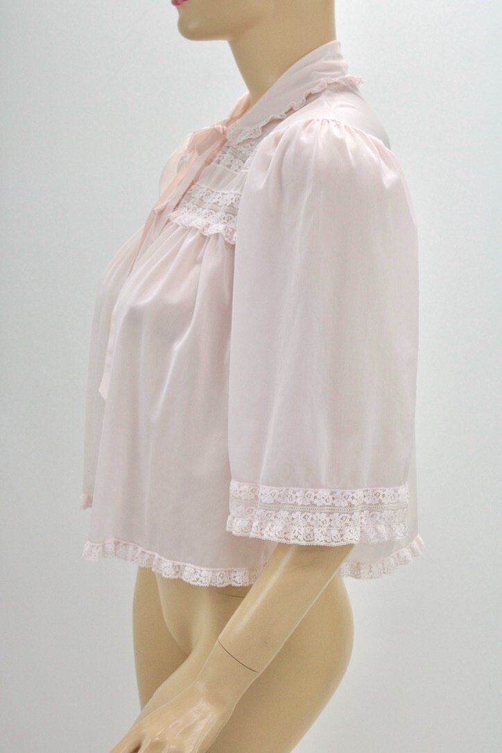 Vintage Bed Jacket M/L Pink Nylon Lace Mid Centur… - image 4