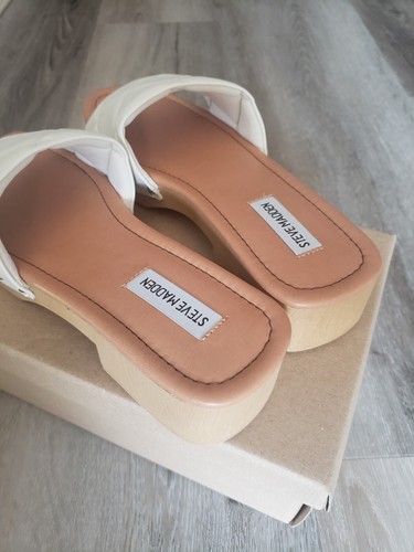 Steve Madden Size 9 Women Off White Quilted Wooden Platform Slide Mule Sandals - Picture 6 of 7