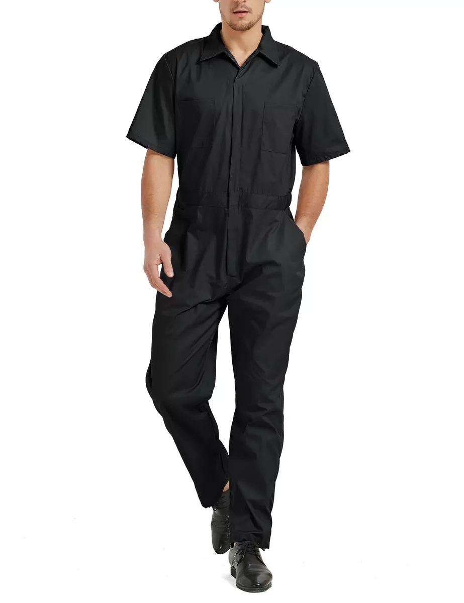 Men s Short Sleeve Black Coverall Work Jumpsuit Elastic Waist Industrial Uniform