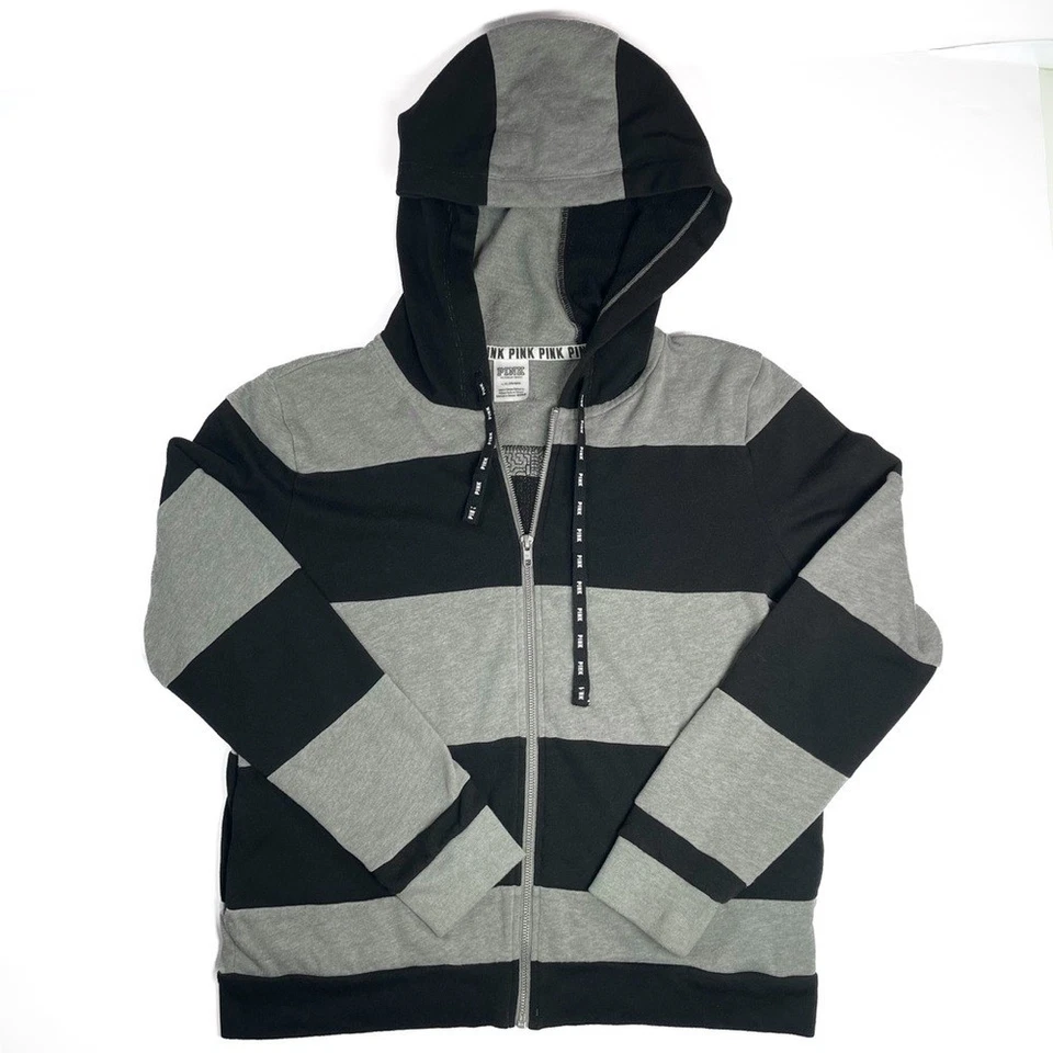 Chaqueta ROSA Victoria's Secret Cremallera Lentejuelas Logo Talla L Y2K Rugby Rayas Foto 2 de 4