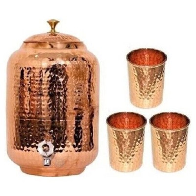 Handmade Pure Copper Natural Ayurveda WATER Dispenser With 3 Tumbler 4ltr+300ML