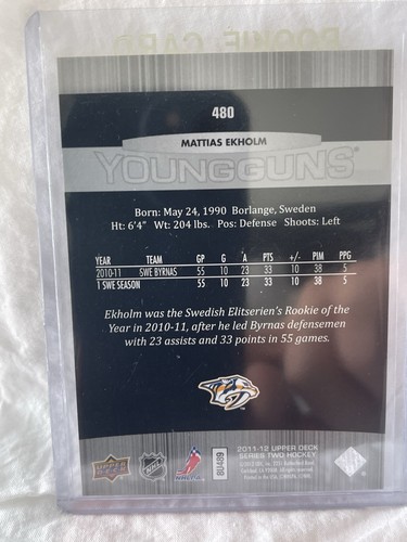 2011-12 UD Young Guns #480 MATTIAS EKHOLM Rookie Card - Bild 2 von 2