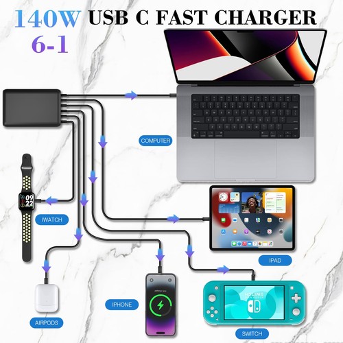 140W USB C Multiport Charger with PPS PD65W Dual PD20W, Fast 6 Port USB Charg... - Picture 3 of 7