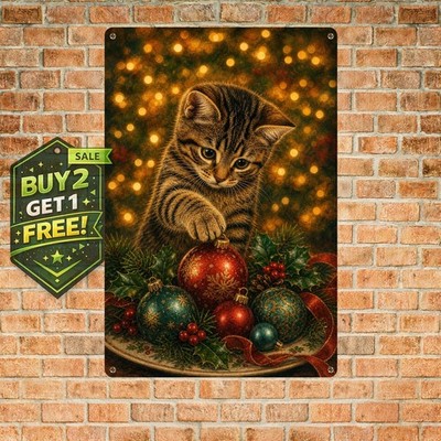 Christmas Kitten Metal Tin Sign Warm Bokeh Lights Holiday Pet Lover Gift
