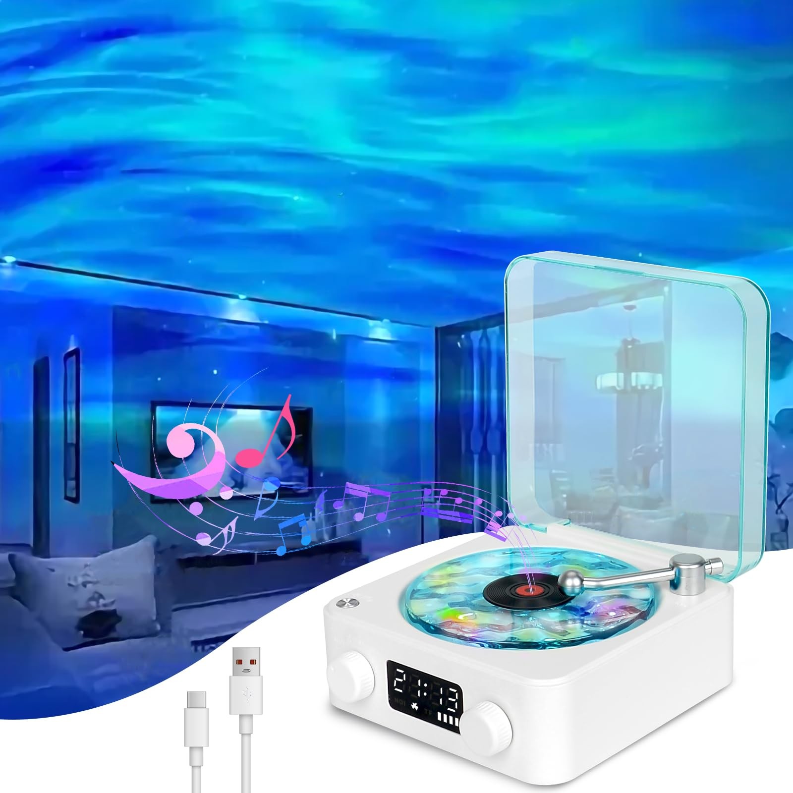 Giradischi Bluetooth The Waves Retro Speaker con Luce Acqua 360°