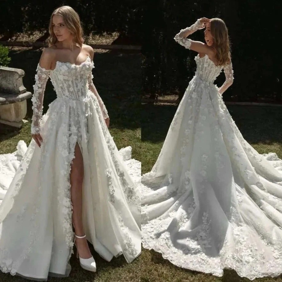 Satin A-Line Long Sleeve Wedding Dresses for sale
