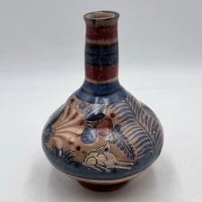 Mexican Pottery Folk Art Tonala White Deer Flower Floral Vase 10" Vintage